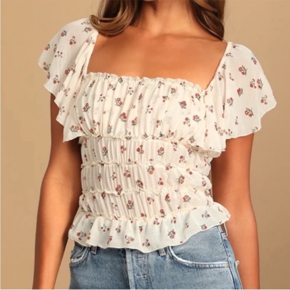 Free People Tops - Free People Floral Ruffle body Suit- Cream